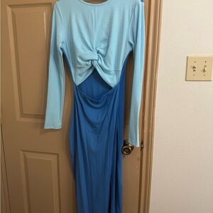 Blue Ruched Maxi Dress with Long Sleeves